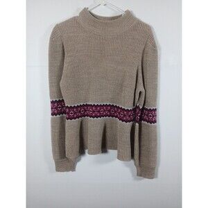 NWT DEAR JOHN Felicia Peplum Sweater Size L Fall Fawn Tan Burgundy Long Sleeve